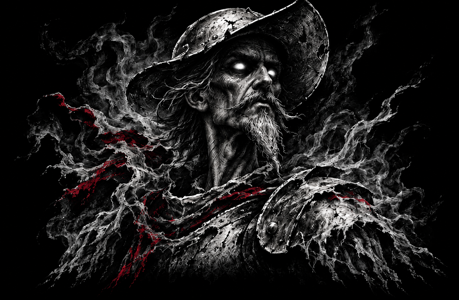 Quijote espectral con armadura, humo y detalles rojos